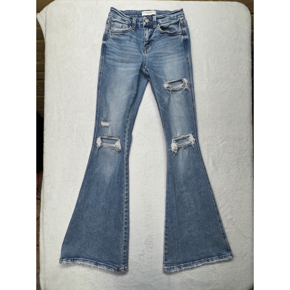 Flying Monkey Blue Distressed Mid-Rise Flare Jeans Size 25 BY4615L Raw Hem